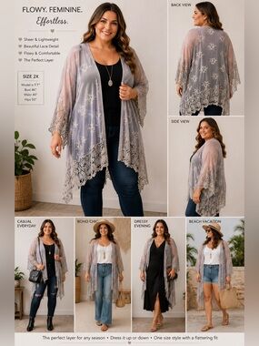 CALSTYLE Gray Lace Mesh Kimono Cardigan Crochet Embroidered Duster Jacket 2XL